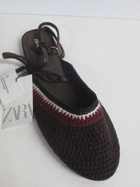 ZARA WOMEN'S CROCHET FLAT BROWN/BURGUNDY SANDALS - US 6.5